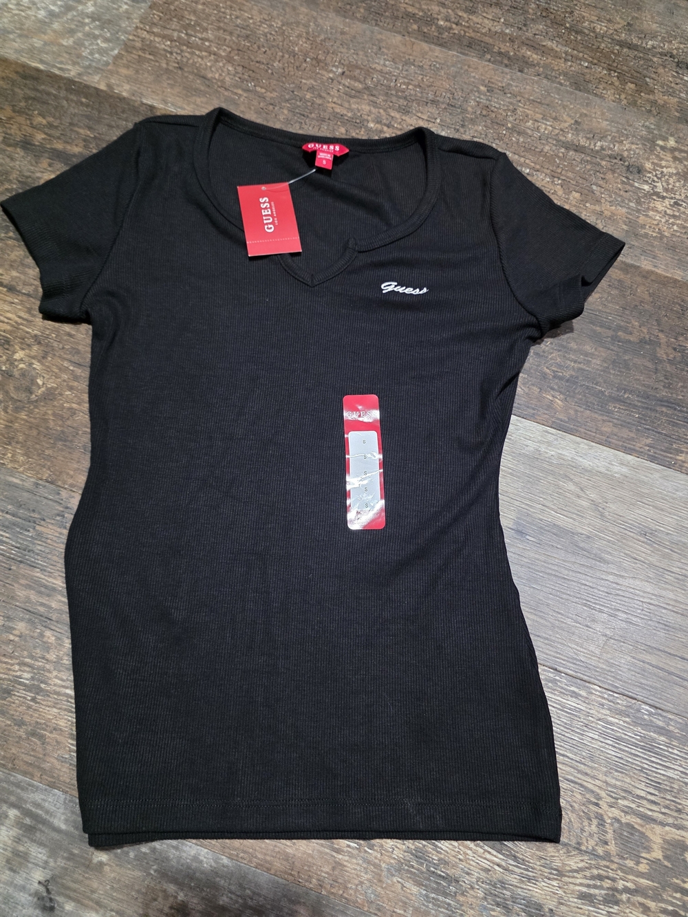 GUESS Black Ribbed Short Sleeve V-Neck Tee with Logo